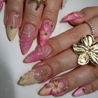 Summer Press On Nails Medium Almond Fake Nails With 3d Flower Metal Starfish    
