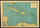 Vintage Caribbean Map Of The West Indies Wall Art Cuba Puerto Rico Jamaica 1940s