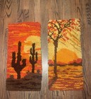 Vtg 70   s Lot Of 2 Mcm Latch   Hook Rug Wall Art Hanging 12x25 Cactus Sunset Boho