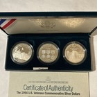 1994  1 Us Veterans Commemorative Silver Dollars 3-coin Proof Set   W box   Coa