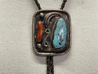 Old Pawn Sterling Silver Navajo Turquoise And Coral Bolo Tie