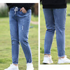 Lady Faded Ripped Jeans Denim Pants Slim Trousers Bottom Drawstring Casual Blue