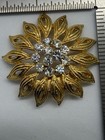 Gold Tone Flower Sunburst Brooch Pin Clear Round Crystal Rhinestones 1 5 In