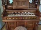 Antique Pump Organ Story   Clark Oak Mirrors Spindles Ornate Stool Exc Cond      old
