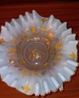 Victorian Brides Basket 8 25    Blue  Opalescent Glass Hp Ruffled Bowl With Gold 