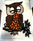 Vintage Caron Latch Hook Rug Sleeping Owl Finished 27x19 Retro Wall Hanging Mcm