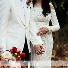 Boho Mermaid Wedding Dresses Off Shoulder Long Sleeves Lace Applique Bridal Gown