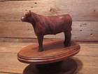 Vintage Wooden Black Angus Bull Figurine 0n Trophy Stand Country Farm Cow