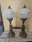 Pair Of Antique Brass Cherub Glass Globe Parlor Lamps By Accurate Casting Mfg Co