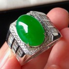 Myanmar Jade Ice Type Bright Green Full Green Oval  Ring For Men