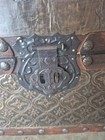 Vintage Wood   Embossed Metal Treasure Chest Padded Red Lining Storage Box Trunk