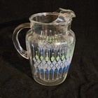 Vintage Mid Century Modern Clear Glass Pitcher Green Blue White Geometric