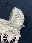 Small Doll Stroller Carriage Buggy Pram 9    White Wicker Blue Ribbon Decor Boho