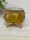 Vintage 5 Sided Gold Ormolu Filigree Glass Paneled Jewelry Casket Display Box