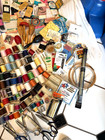 Lot Of New  Used   Vintage Sewing Notions 6 Pr  Pinking Shears Bobbins Buttons