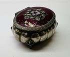 Vtg Japan Red Enamel Angel Cherub Pill Trinket Box Floral Lid Felt Lined