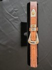 Vtg Western Ranger Belt 4-pc Buckle Set Solid Nickel Silver Gold Accents Tan 33 