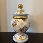 Mackenzie Childs Cookie Jar Blue Checkered Pink Roses  14 5     Cracked