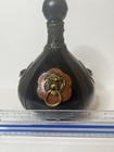Vintage Italian Leather Wrapped Decanter Bottle Brass Lion Head Stopper Italy   