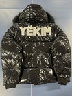 Yekim Men   s Black Glossy Puffer Jacket Hooded Full Zip Logo Accents Size M