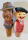 Vintage Set Of 2 German Hand Carved Wooden Figural Cork Bottle Stoppers Folk Art