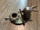 Vintage Cast Bronze Green Patina Bunny Rabbit Rowing On Leaf Boat Candle Holder