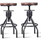 Set Of 2 Industrial Bar Stool-vintage Adjustable Round Wood Metal Swiv