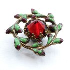Antique Pierced Enamel Button   Flower Buds Pinwheel Around Red Glass Jewel   1 