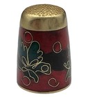 Vintage Cloisonne  Thimble Brass Red Blue Enamel Floral Design Gold Tone Trim
