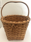 Vtg Signed Oak Ash Splint Round Woven Gathering Basket Carved Wood Handle 16 
