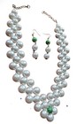 White   Green Round Glass Bead Necklace And Dangle Earrings Jewelry Set