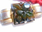 True Vintage Carved Bakelite   Brass Brooch  dark Green brown With Streaks   Ahb