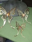 Mcm Brass Butterfly Wall Hanging Decor Lot 3 Pc Set Vintage Metal Wood Gold 