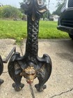 Rare Antique Cast Iron Gargoyle Bat Pair Andirons Gothic Beautiful