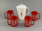 Vintage Children s Plastic Play Pitcher Cup Set Red   White With Floral Design