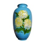 Vintage Hand Painted Sky Blue Glass Vase Chrysanthemums Signed Lynn Floral Art