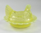Mosser Split Tail Hen On Nest Vaseline Uranium Glass