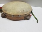 Vtg 8  Wood Tambourine Natural Skin Head Double Row Jingles Hand Drum Tassles