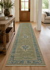 Hand Knotted Oushak Wool Runner Rug Green Blue Vintage Floral Hallway Kitchen