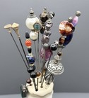 Vintage Hat Pins Lot Of 23 Hatpin Holder Ceramic Floral Various Designs