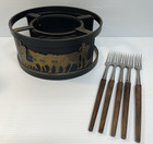 Vtg Le Creuset Appenzeller Fondue Rechaud Stand France Black Brass Cow W  Skewer