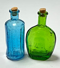 Vintage Taiwan Miniature Blue Green Embossed Glass Bottles Corked Decor Pair