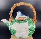 Vtg Haldon Group Blue Bird Teapot Nest Branch Handle Floral Majolica Japan