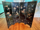 Vintage Asian 4 Panel Black Lacquer Carved Folding Screen 36  Room Divider Birds