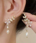 Clear Faux Pearl Crystal Earrings Gold Tone Flower Rhinestone Earrings Pierced