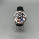 Disney Mens Watch 34mm Goofy Gear Dial Silver Tone Black Leather New Battery