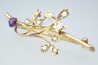 Pretty Antique Victorian Solid 9k Gold Amethyst Pearl Floral Brooch Pin C1890