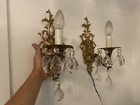 Antique Pair Spanish Brass Candle Wall Sconce With Teardrop Crystal Prisms