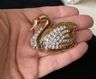 Rhinestone Swan Bird Brooch Pin Large Gold Tone W red Eye Sparkly Vintage Pretty