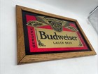 Vintage Budweiser Lager Beer Glass Mirror Foil Wood Frame Bar Advertisement Sign